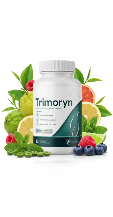 Trimoryn weight management capsule bottle surrounded by whole foods: green tea leaves, citrus, berries and mint