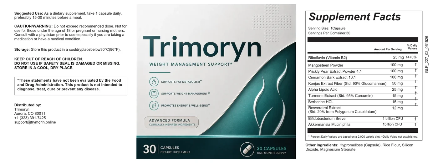Trimoryn Supplement Facts panel showing riboflavin, mangosteen, prickly pear, cinnamon bark, konjac glucomannan, alpha lipoic acid, turmeric, berberine, resveratrol and the two gut strains with amounts